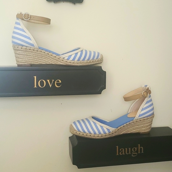 crown & ivy Shoes - Crown & Ivy Nautical Blue White Stripe Espadrille Wedge